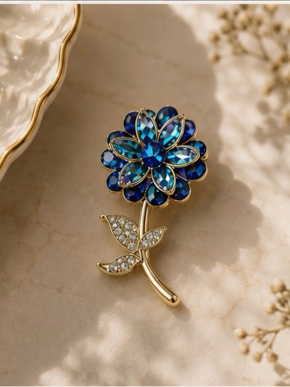 L'Oreal Blue Crystal Flower Brooch with Gold Stem